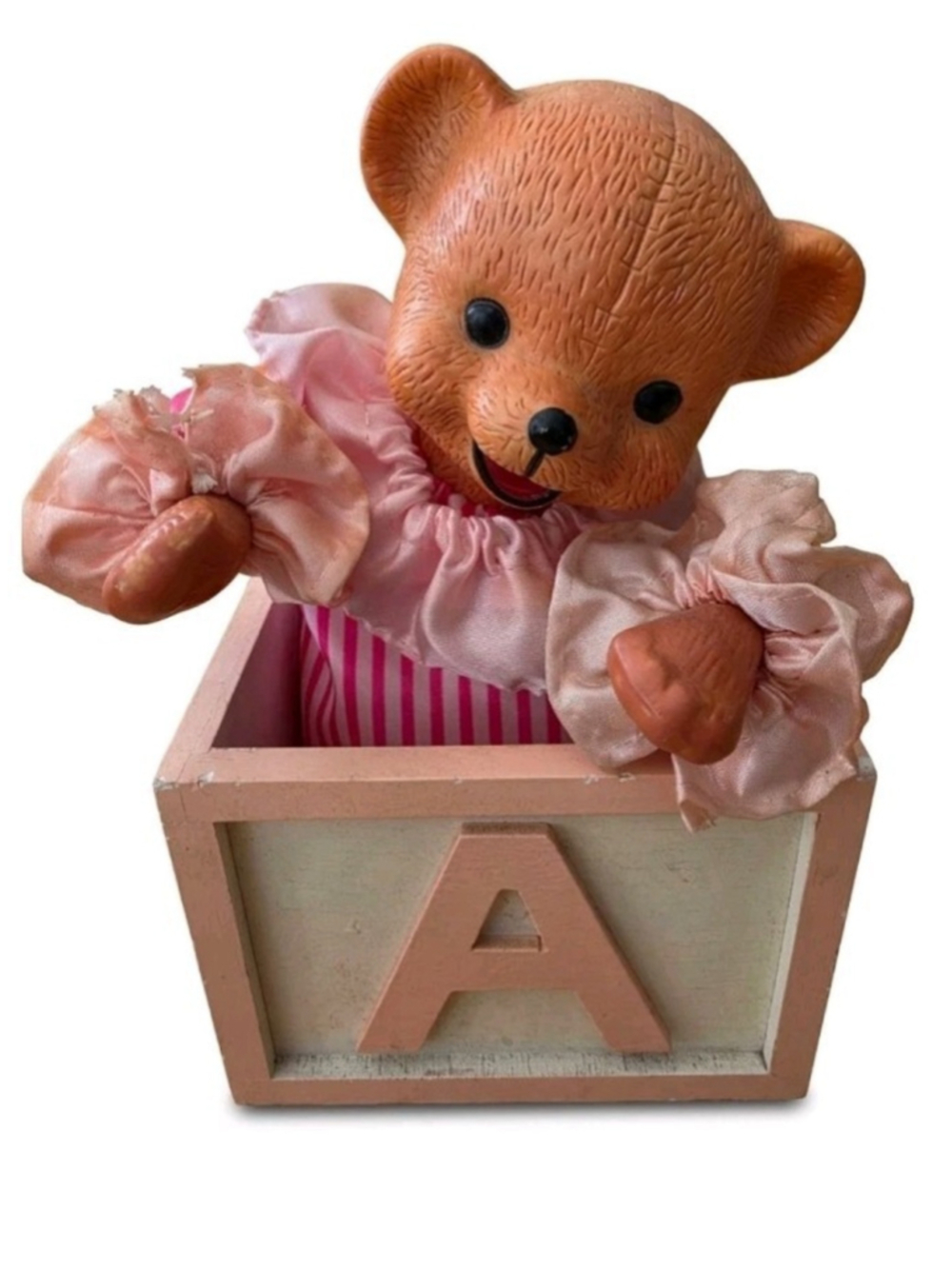 Vintage Musical Wind Up Teddy Bear in ABC Block Box Animated Toy Lullaby